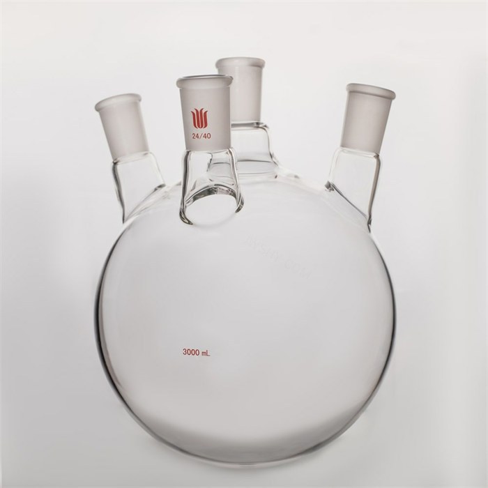 斜四口圆底球瓶,中磨口:24/40,侧口:24/40,前口：24/40，3000ml - 欣维尔