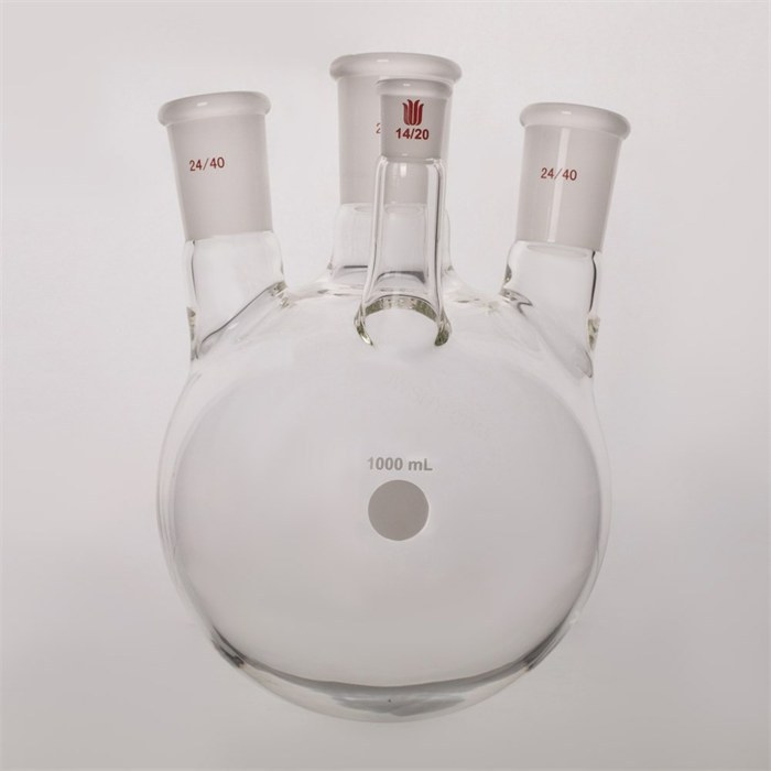 斜四口圆底球瓶,中磨口:29/42,侧口:24/40,前口：14/20，1000ml - 欣维尔