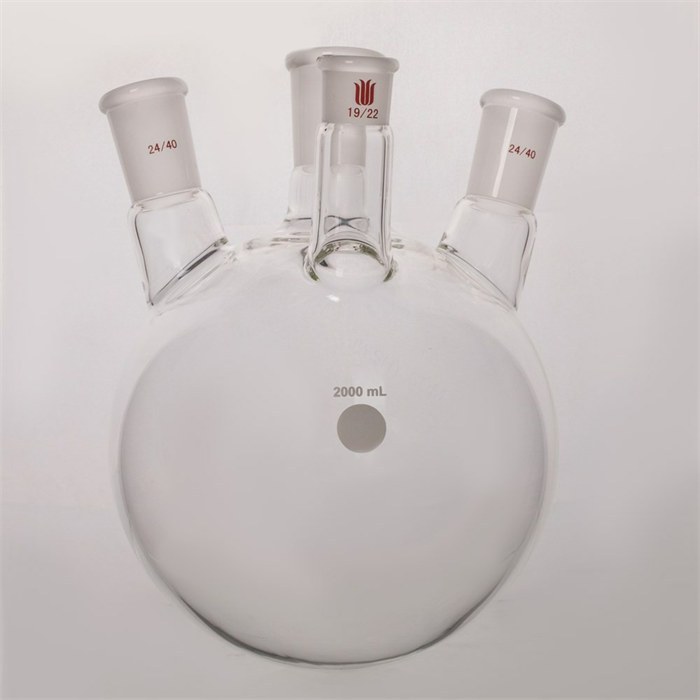 斜四口圆底球瓶,中磨口:29/42,侧口:24/40,前口：19/22，2000ml - 欣维尔