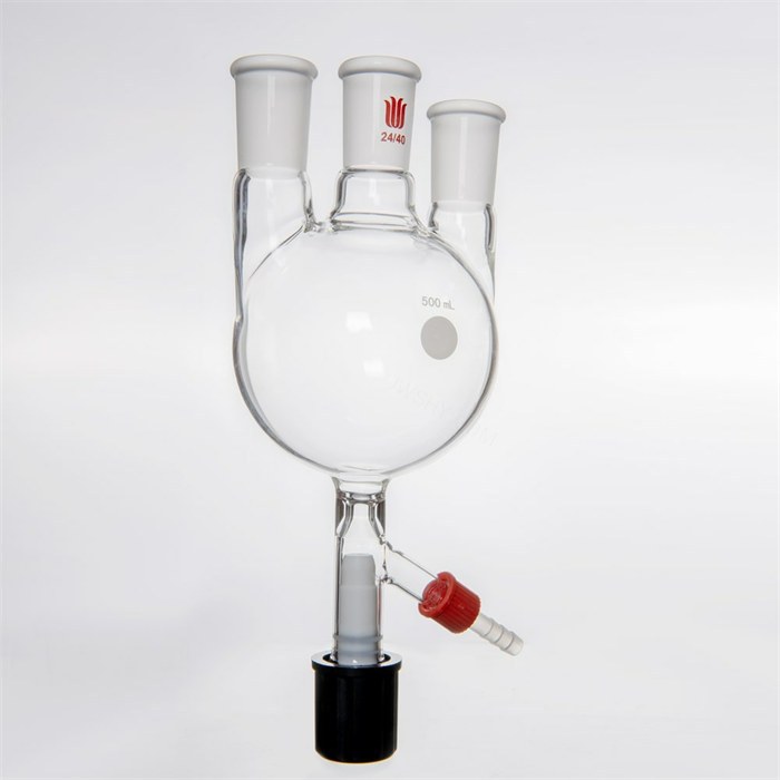 直三口圆底烧瓶,具8mm高真空,主口24/40,侧口19/22,500ml - 欣维尔