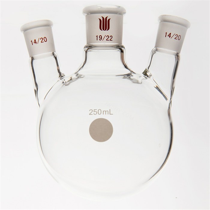 小角度三口球瓶,厚壁高强度,中间磨口19/22,侧磨口:14/20,250ml - 欣维尔
