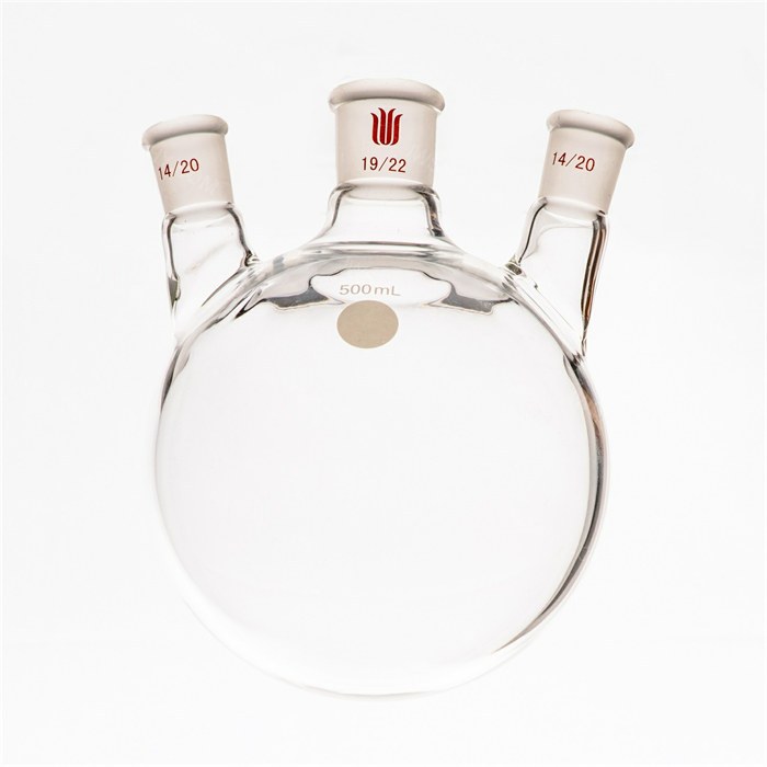 小角度三口球瓶,厚壁高强度,中间磨口19/22,侧磨口:14/20,500ml - 欣维尔