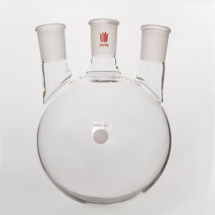 小角度三口球瓶,厚壁高强度,中间磨口:29/42,侧磨口:29/42,2000ml - 欣维尔