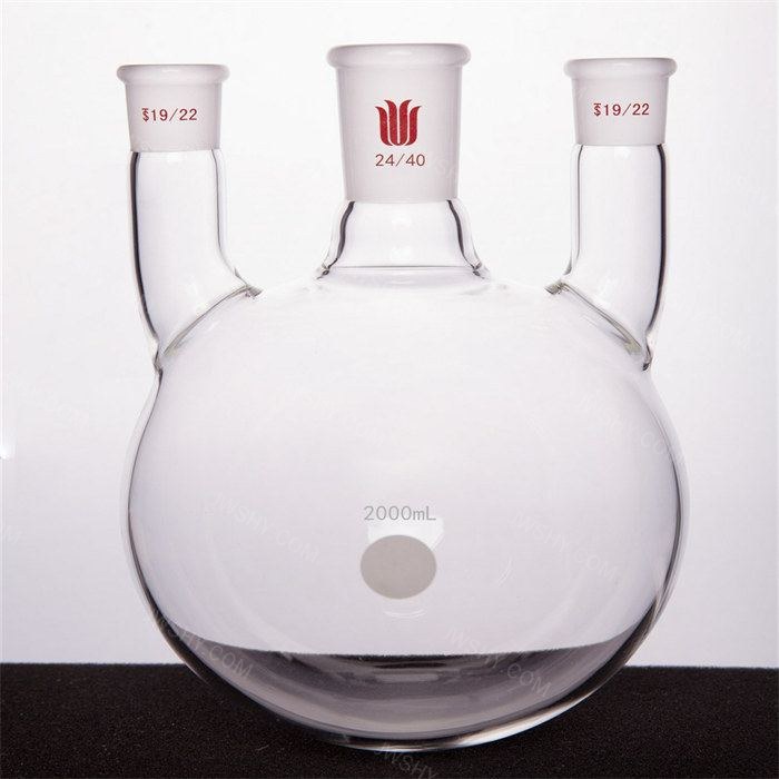 直三口球瓶,厚壁高强度,中间磨口:24/40,侧磨口:19/22,2000ml - 欣维尔