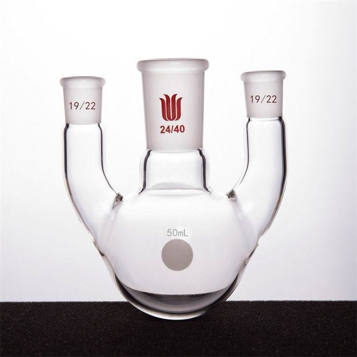 直三口球瓶,厚壁高强度,中间磨口:24/40,侧磨口:19/22,50ml - 欣维尔