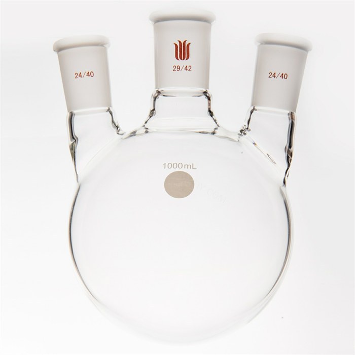 小角度三口球瓶,厚壁高强度,中间磨口:29/42,侧磨口:24/40,1000ml - 欣维尔