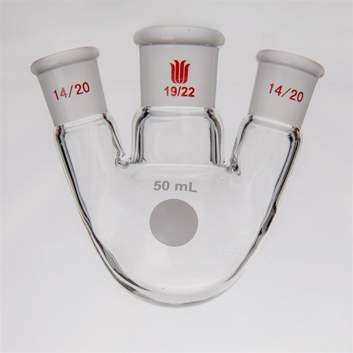 小角度三口球瓶,厚壁高强度,中间磨口:19/22,侧磨口:14/20,50ml - 欣维尔