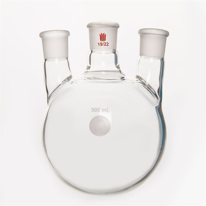 小角度三口球瓶,厚壁高强度,中间磨口19/22,侧磨口:19/22,500ml - 欣维尔
