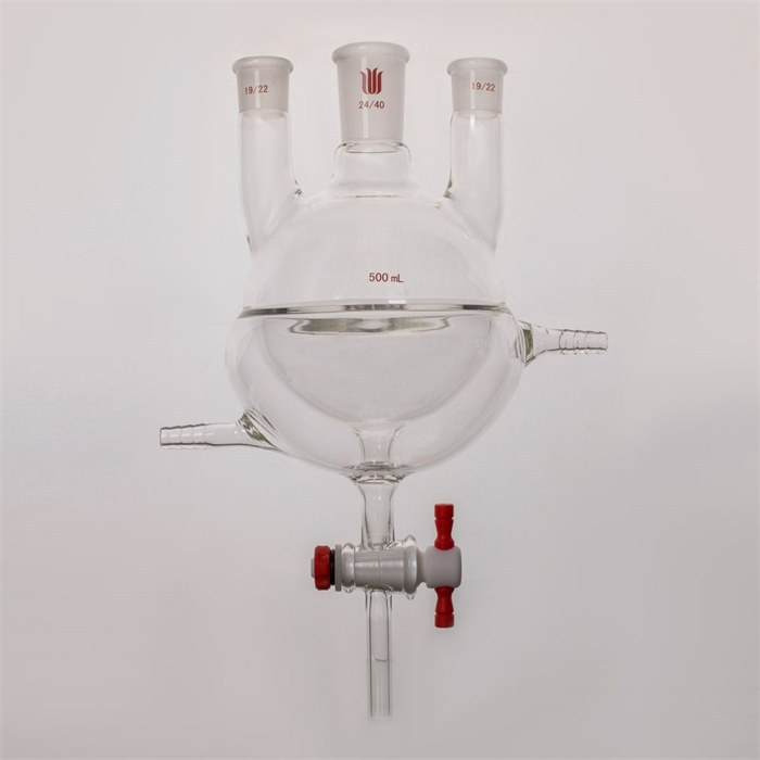 夹套半包式直三口球瓶,主口24/40,侧口19/22,500ml，4MM四氟节门 - 欣维尔