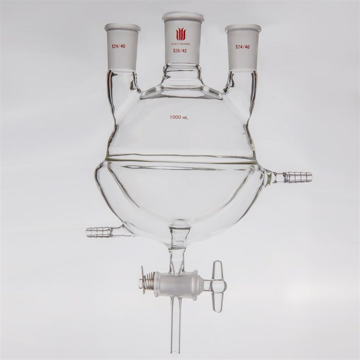 夹套半包式直三口球瓶,主口29/42,侧口24/40,1000ml，4MM玻璃节门 - 欣维尔