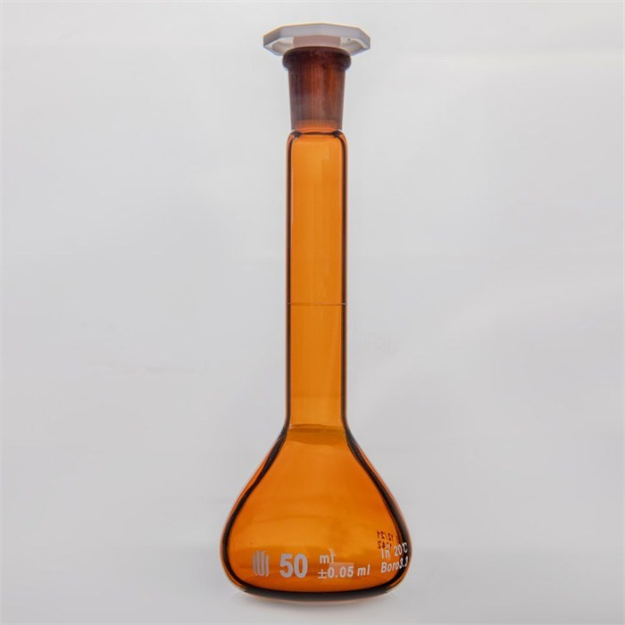 12/21口 50ML棕色玻璃容量瓶，标配塑料塞，不带个体检测证书，2支/盒 - 欣维尔
