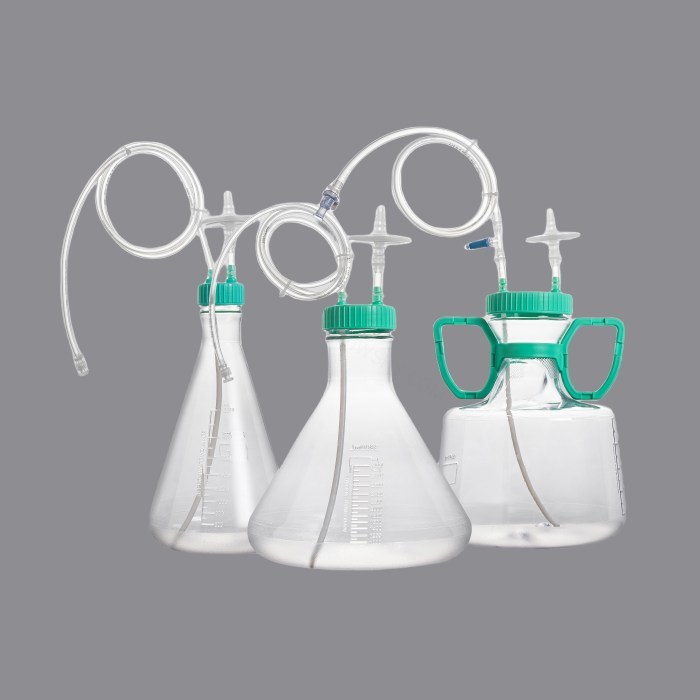 大容量三角摇瓶密闭转移系统 3000ml 大嘴盖,50mm针头过滤器,PTFE,0.22μm,1/4内径MPC公接头配120cm软管,灭菌 - JET/洁特