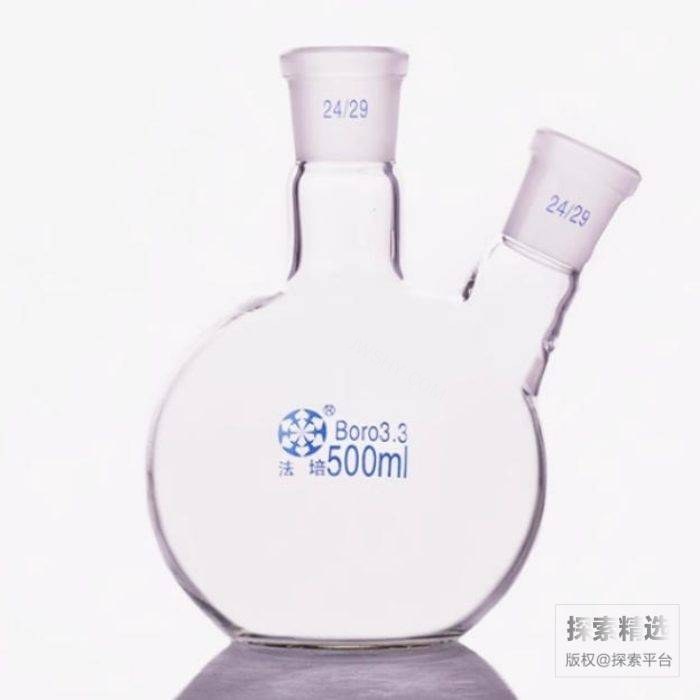 双颈平底蒸馏烧瓶 玻璃 500ml 磨口：24/29 克重260g以上 - 玖梧精选