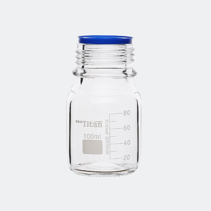 透明蓝盖试剂瓶 GL45 高硼硅 100mL 不带盖 带倾倒环 特优级 底径×瓶高(mm):60×
