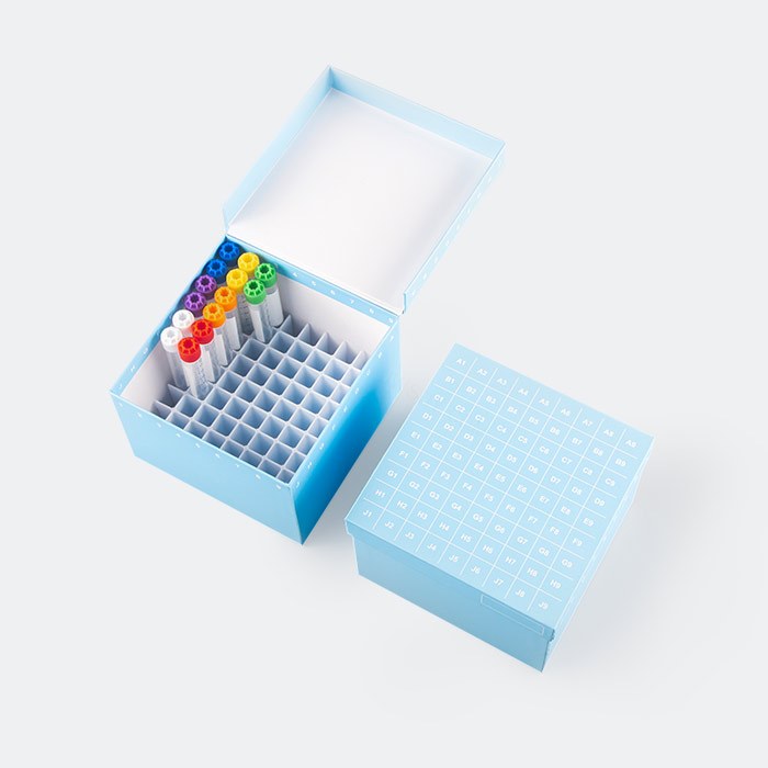 纸质连盖冻存盒 PP塑料格挡 蓝色 耐受温度-196℃ 到121℃ 3.75英寸，尺寸133&times;133&tim…