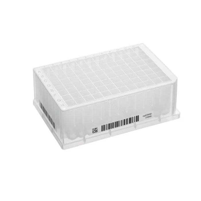 96孔深孔板 2000ul 孔透明 PCR 洁净级 白色 2D SafeCode (DataMatrix/ECC200) 人类可读编码 20块 - Eppendorf