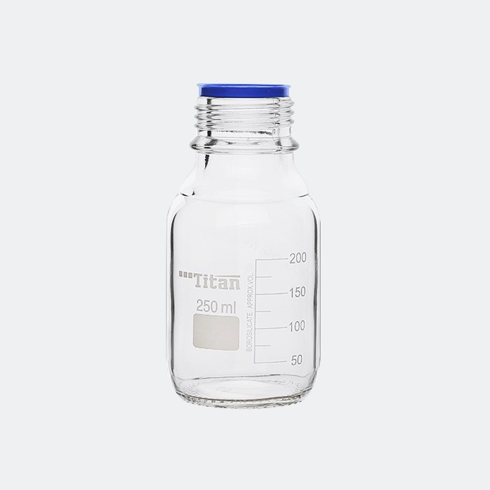 透明蓝盖试剂瓶 GL45 高硼硅 250mL 不带盖 带倾倒环 底径&times;瓶高（mm）：70&times;140