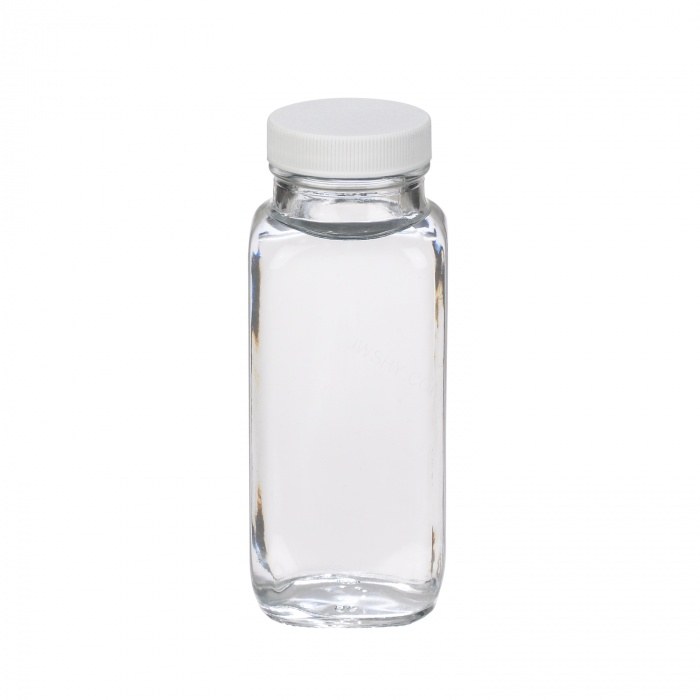 法国方形瓶 钠钙玻璃 250ml 无色透明 带白色聚丙烯盖 聚乙烯盖垫 43-400