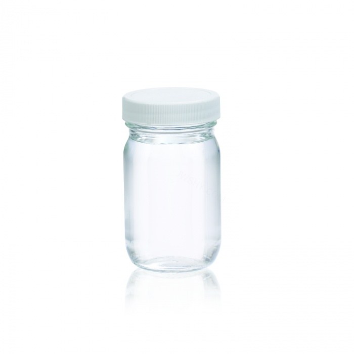 标准广口瓶 钠钙玻璃 125ml 无色透明 带白色聚丙烯盖 聚乙烯盖垫 48-400