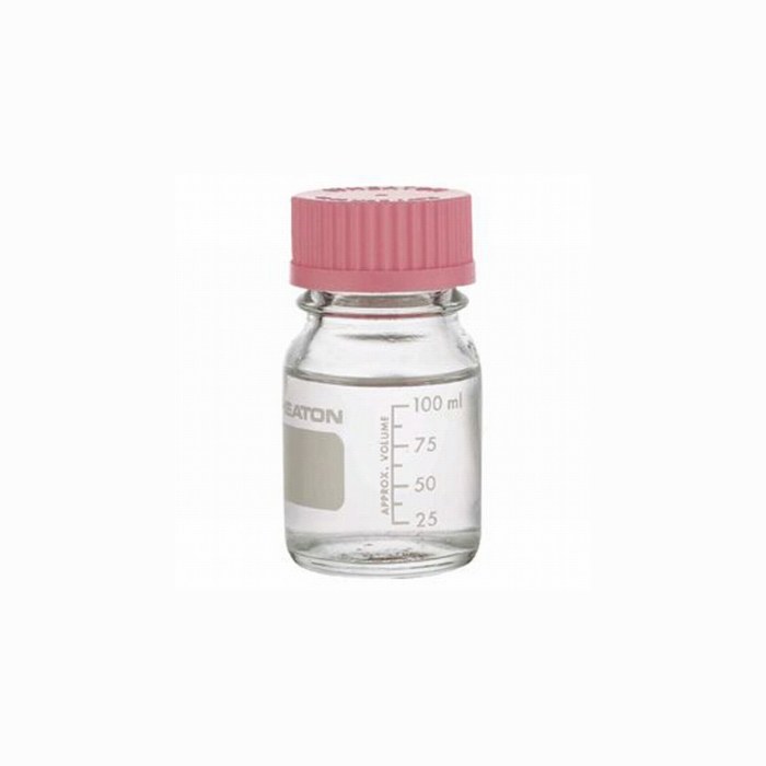 带刻度培养基瓶身 硼硅玻璃 100ml 带倾倒环 带粉色聚丙烯盖 45mm