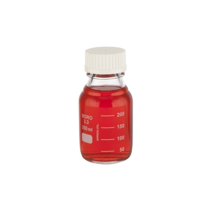 带刻度培养基瓶身 硼硅玻璃 250ml 带倾倒环 带白色聚丙烯盖 45mm