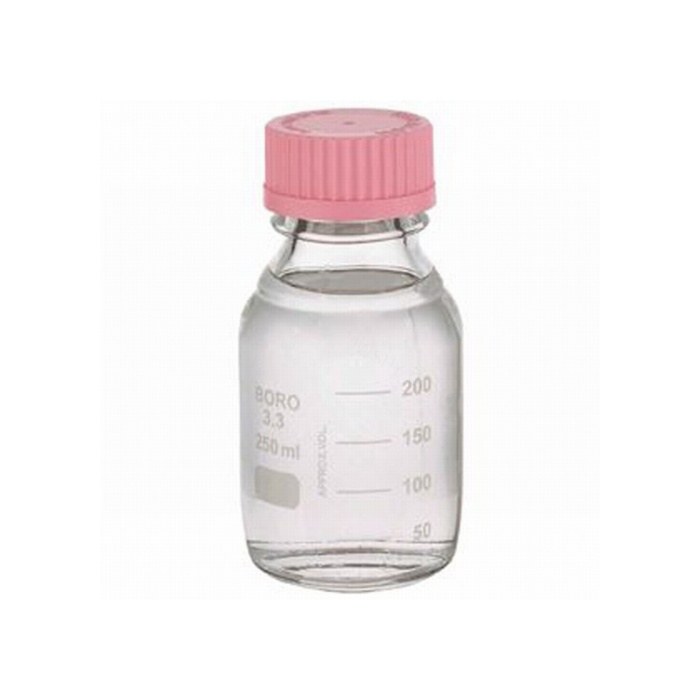 带刻度培养基瓶身 硼硅玻璃 250ml 带倾倒环 带粉色聚丙烯盖 45mm
