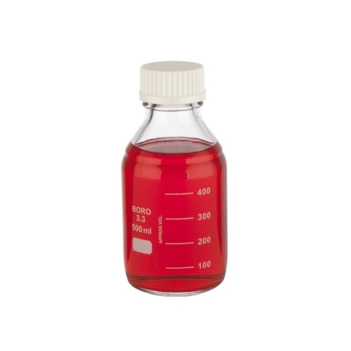 带刻度培养基瓶身 硼硅玻璃 500ml 带倾倒环 带白色聚丙烯盖 45mm