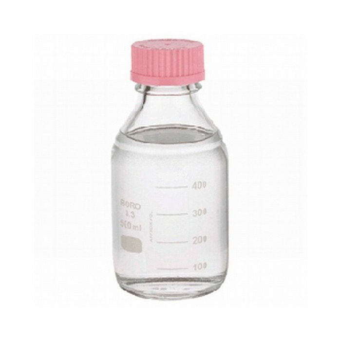 带刻度培养基瓶身 硼硅玻璃 500ml 带倾倒环 带粉色聚丙烯盖 45mm