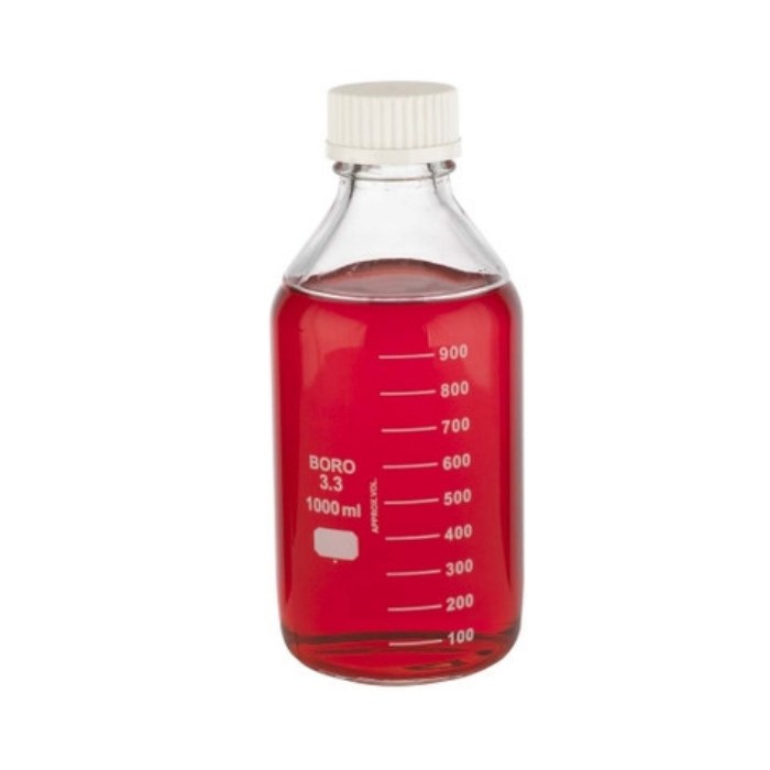 带刻度培养基瓶身 硼硅玻璃 1000ml 带倾倒环 带白色聚丙烯盖 45mm
