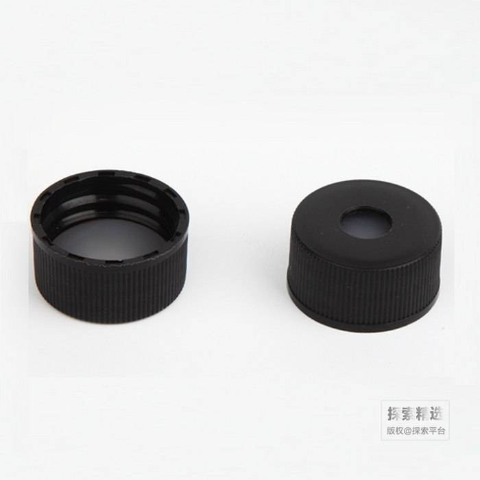 GL32 PP黑色螺纹开孔盖垫(白色PTFE/本色硅胶垫)适配100-500ml的顶空瓶 直径×高:φ32×16mm 孔径10mm - 玖梧精选