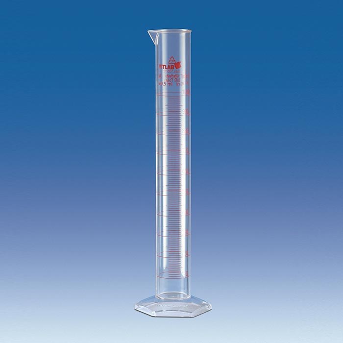 量筒 PMP A级 高型 红色印刷刻度 500ml 量入式 - Vitlab