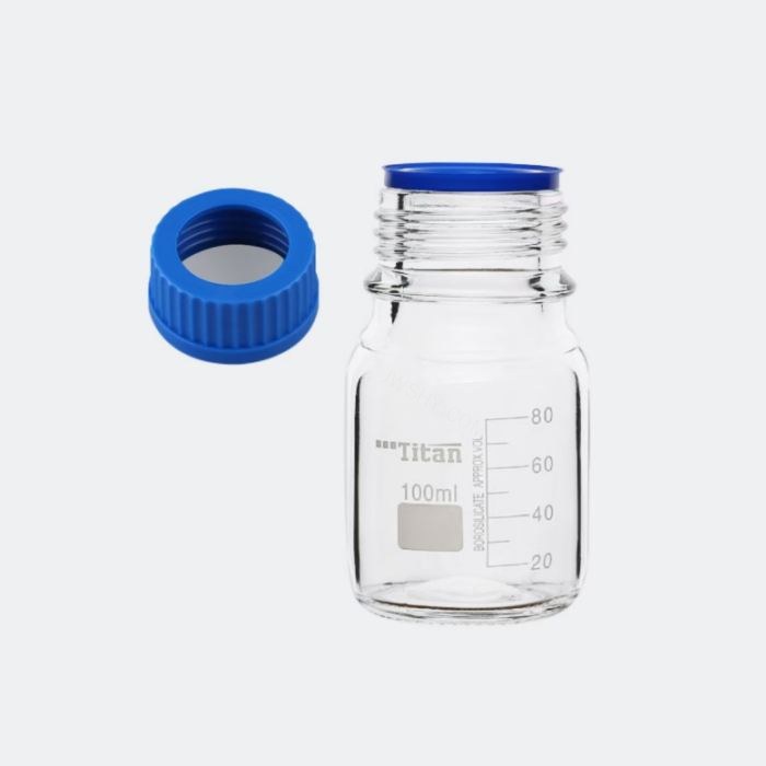 透明蓝盖试剂瓶 GL45 高硼硅 100mL 开孔盖 不带垫片 底径×瓶高(mm):60×100