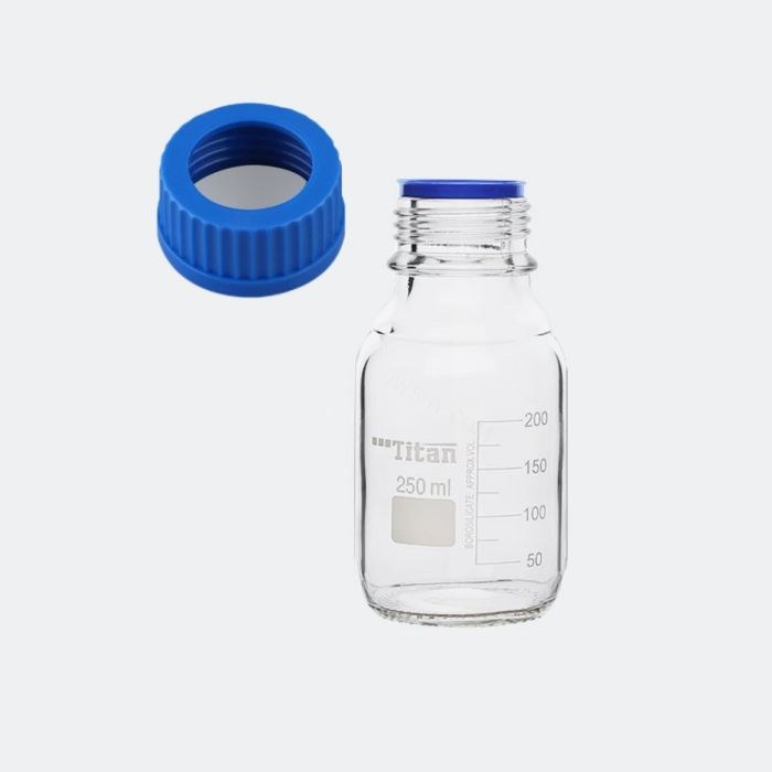 透明蓝盖试剂瓶 GL45 高硼硅 250mL 开孔盖 不带垫片 底径×瓶高(mm):70×140 - ACESUN艾斯琳