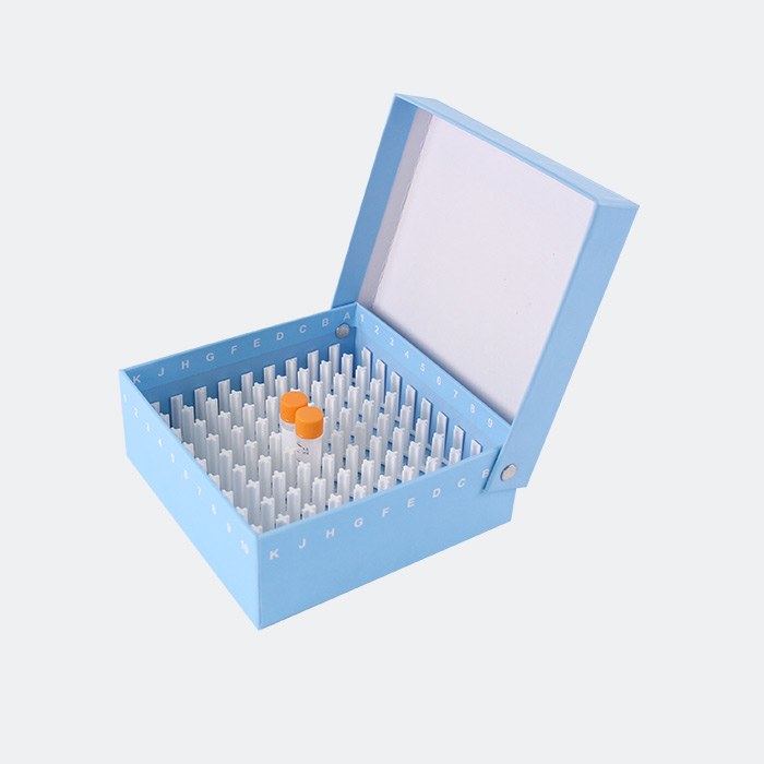 包膜纸质冻存盒 PP塑料格挡 2英寸 蓝色 铆钉连盖 耐受温度范围：-196℃到121℃ 尺寸133&times;133…