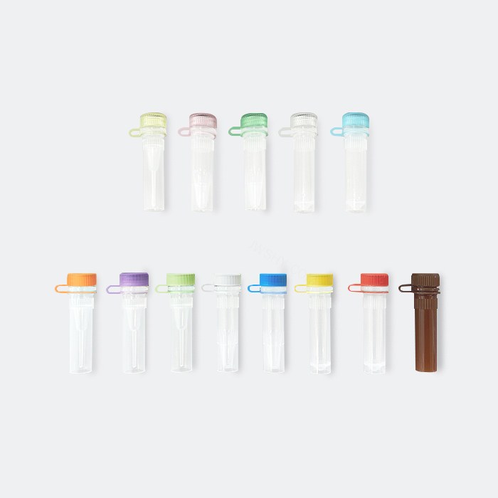 低位盖螺口管 2ml 避光棕色 带环 管盖组装 耐受温度：-86℃到121℃ 无酶 无菌