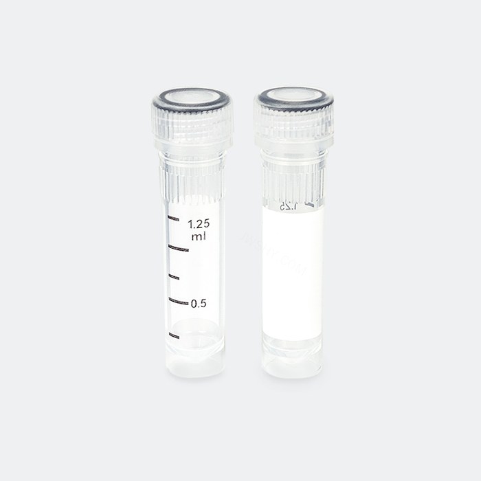 低位盖螺口管 2ml 透明色 管盖组装 印刷书写区域和刻度区 耐受温度：-86℃到121℃ 无酶 无菌