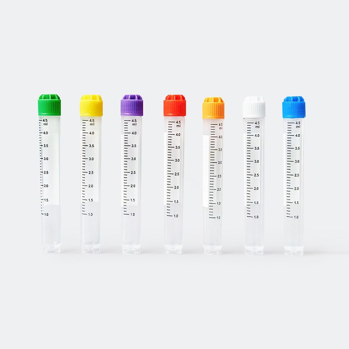 外旋冻存管 5ml 蓝色盖 可放超低温冰箱 双色印刷 耐受温度：-196℃到121℃ 无酶 无菌