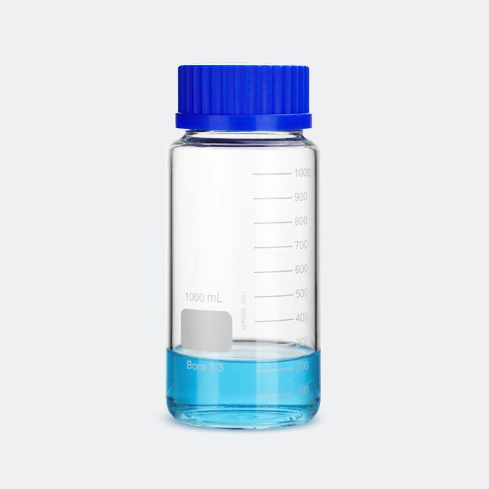 透明宽口蓝盖试剂瓶 GL80 高硼硅 1000mL 底径&times;全高（mm）：100&times;222