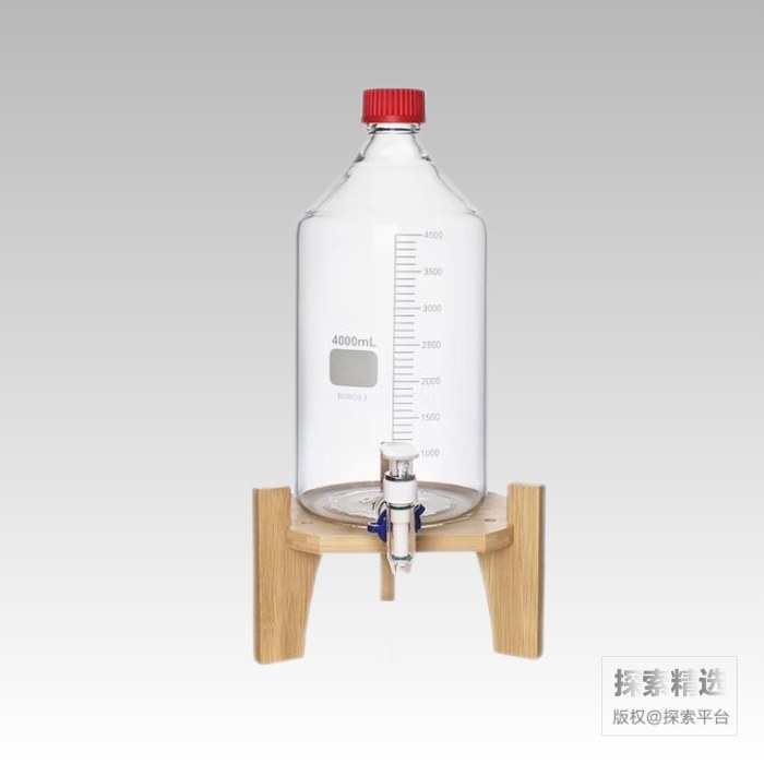 带刻度透明高硼硅放水瓶4L 带底座 含PBT盖及硅胶垫片、龙头、接口夹