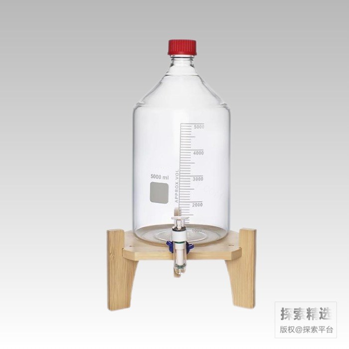 带刻度透明高硼硅放水瓶5L 带底座 含PBT盖及硅胶垫片、龙头、接口夹