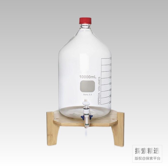 带刻度透明高硼硅放水瓶10L 带底座 含PBT盖及硅胶垫片、龙头、接口夹 - 玖梧精选