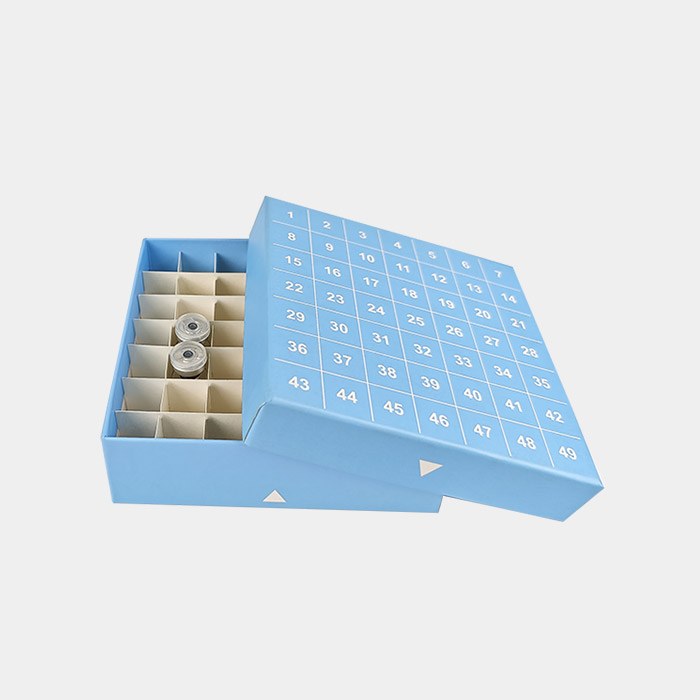 纸质冻存盒，蓝色，耐受温度范围：-196℃到121℃，尺寸133x133x42mm，49格，适配16x38mm西林瓶