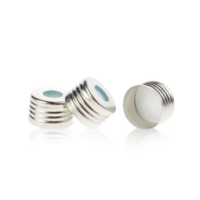 18mm预组装银色磁性开孔螺纹铝盖 带超净白色PTFE/浅蓝色硅胶垫，厚1.5mm