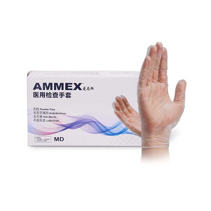 无粉医用PVC检查手套，中号，透明，1盒 科研专用