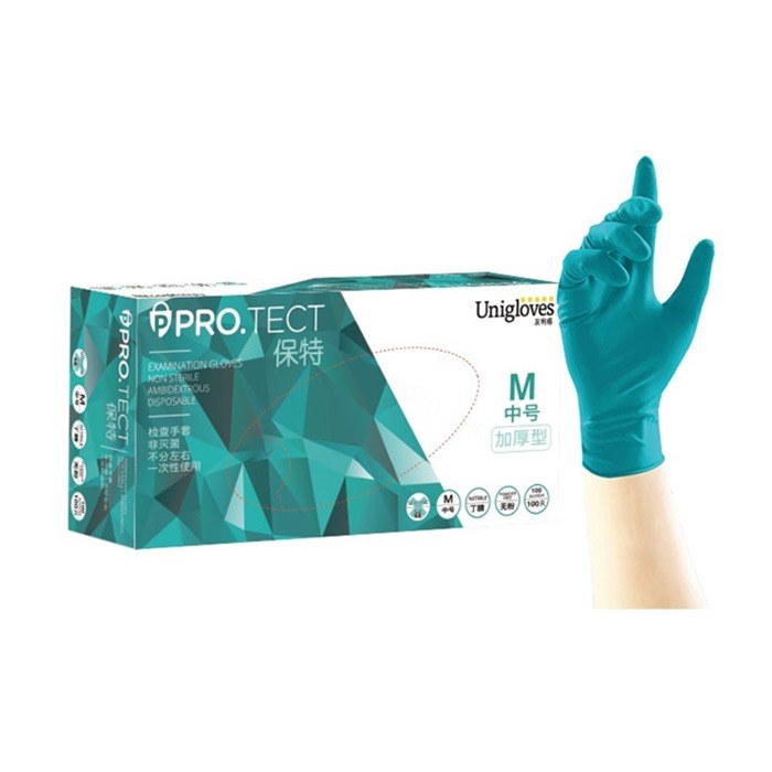 保特绿加厚型丁腈检查手套9寸 医疗级 M码 单只克重约6.2&plusmn;0.2g - Unigloves/友利格
