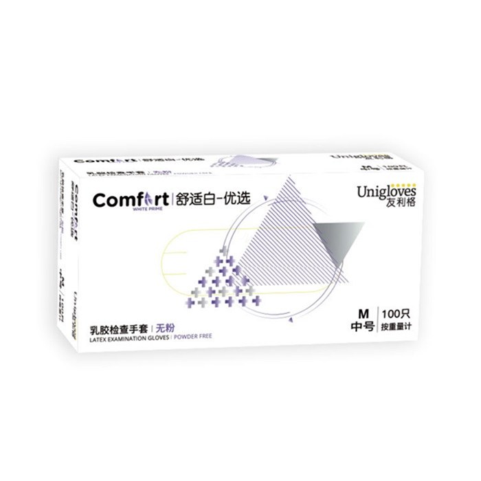舒适白无粉氯洗乳胶检查手套9寸 医疗级 M码 单只克重约5.8&plusmn;0.2g - Unigloves/友利格
