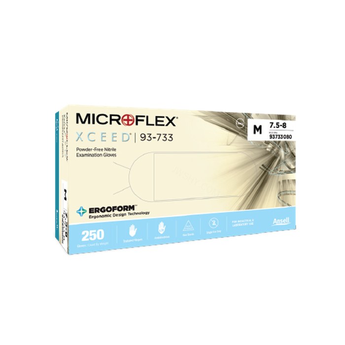 Microflex Xceed 一次性无粉蓝色纤薄防静电丁腈手套 9寸 ERGOFORM技术高触感 食品级 6.5-7码