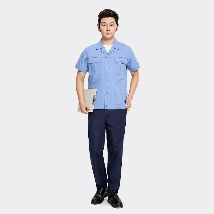 纽扣款夏季短袖工作服套装（上衣+裤子） 涤棉精梳磨毛（涤65%棉35%）浅蓝色 XL/175码 - ACESUN艾斯琳