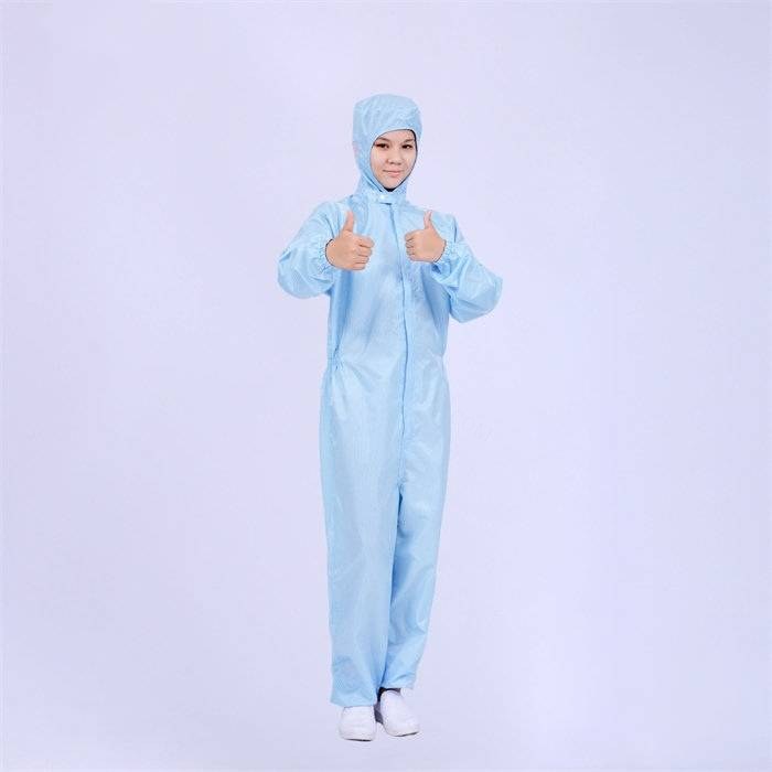 经济款0.5cm条纹防静电连帽三连体洁净服 蓝色可耐高温灭菌 XXXL码