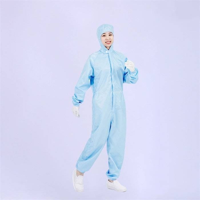 经济款0.5cm网格防静电连帽三连体洁净服 蓝色可耐高温灭菌 XXXL码